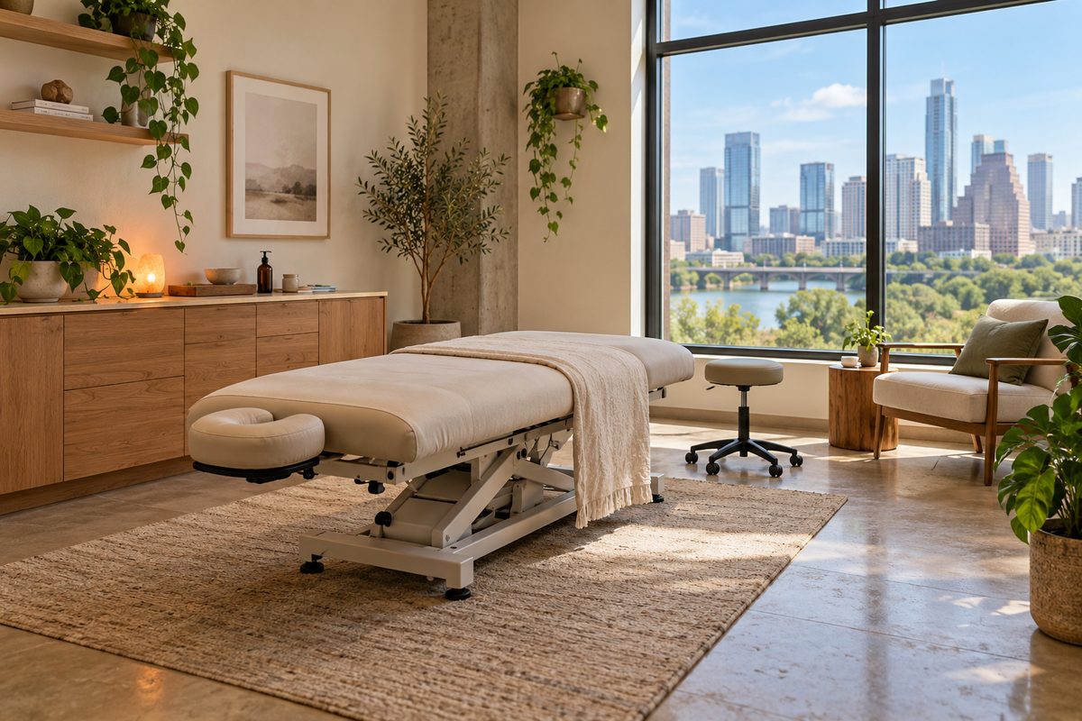 Accessible studio treatment suite with wide clearances and low-entry ergonomic couch.