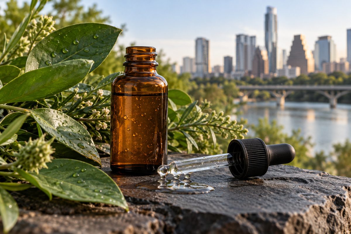 Amber dropper bottle of hydrating barrier serum on dark stone.