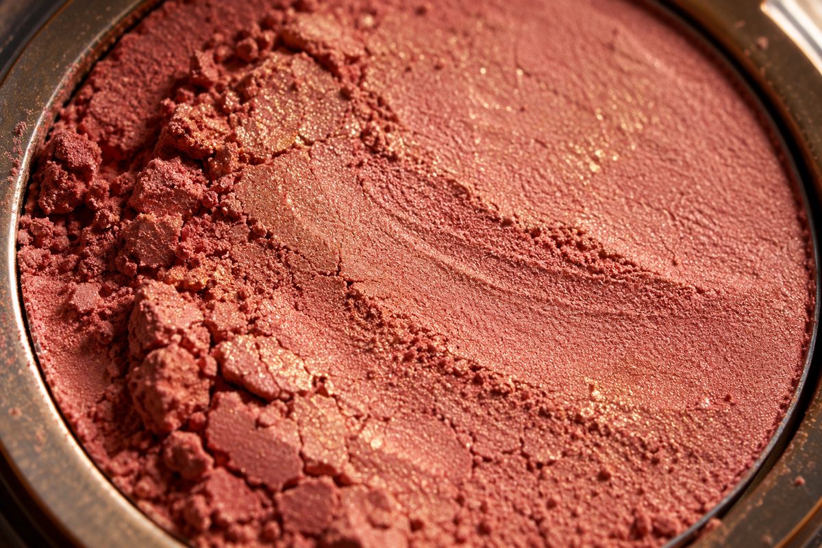 Textured velvety surface of mineral blush powder pan.