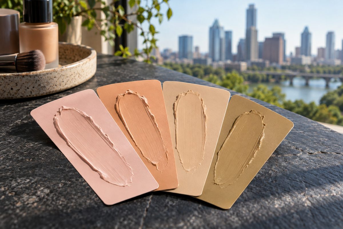Cosmetic undertone color fan chart displayed on slate surface.
