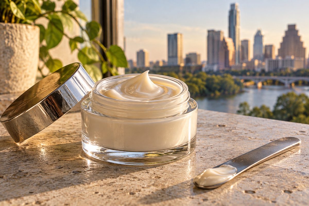 Open jar of rich ceramide barrier repair cream with metal spatula.