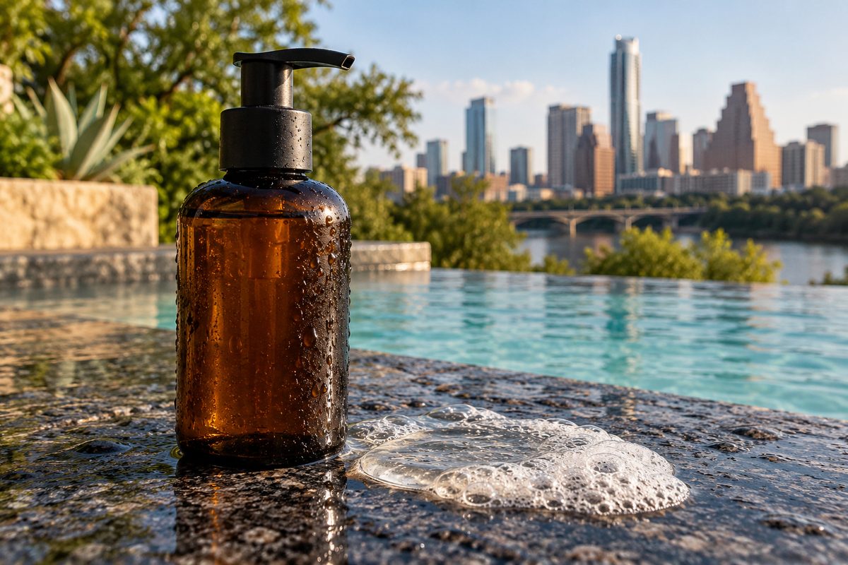 Amber glass cosmetic pump bottle with gentle cleansing gel.