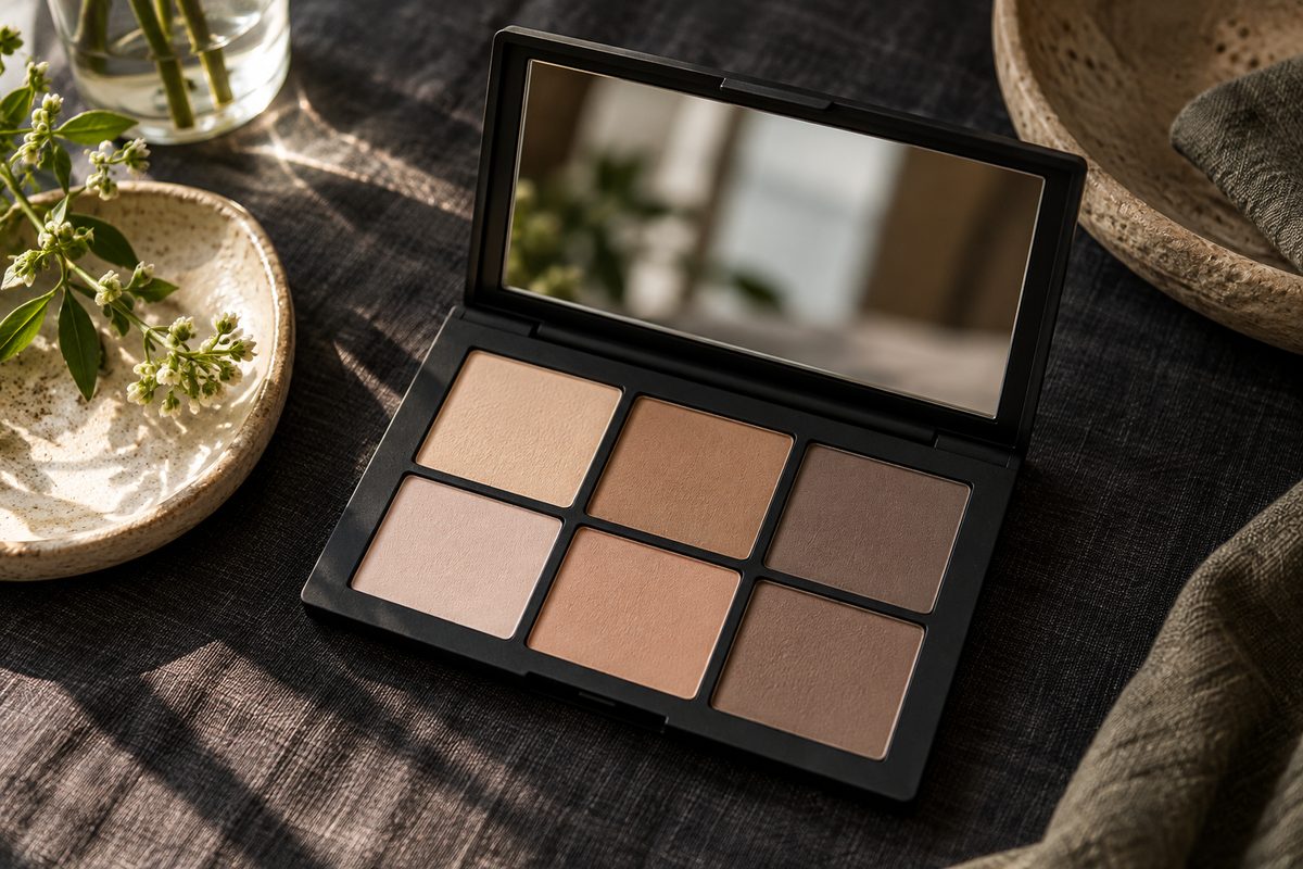 Open minimalist cosmetic compact containing neutral contour shades.