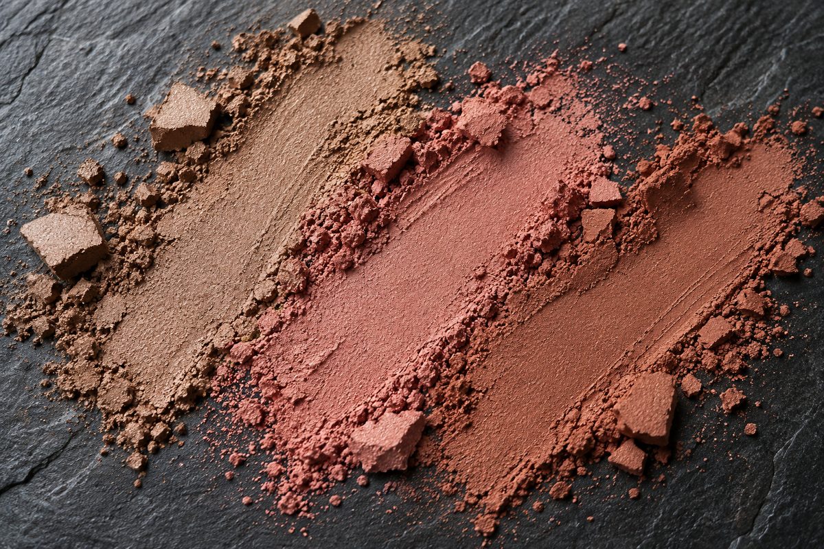 Swatch streaks of neutral mineral eyeshadow pigments across dark slate.