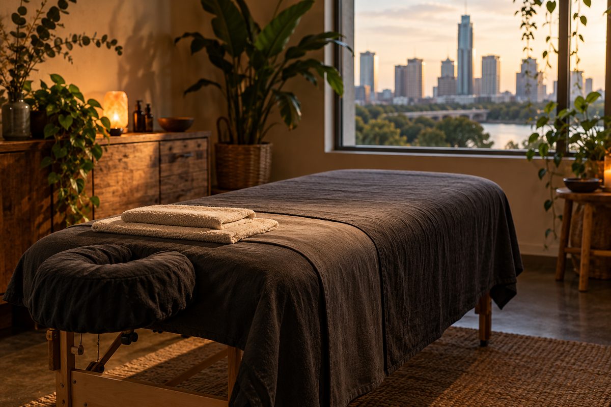 Ergonomic treatment bed prepared with dark charcoal linens.