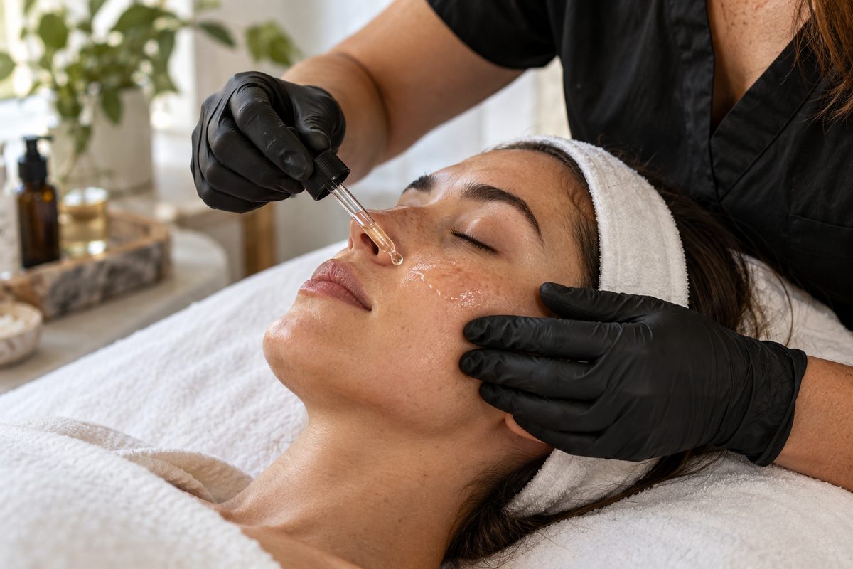Practitioner hands applying customized facial treatment serum.