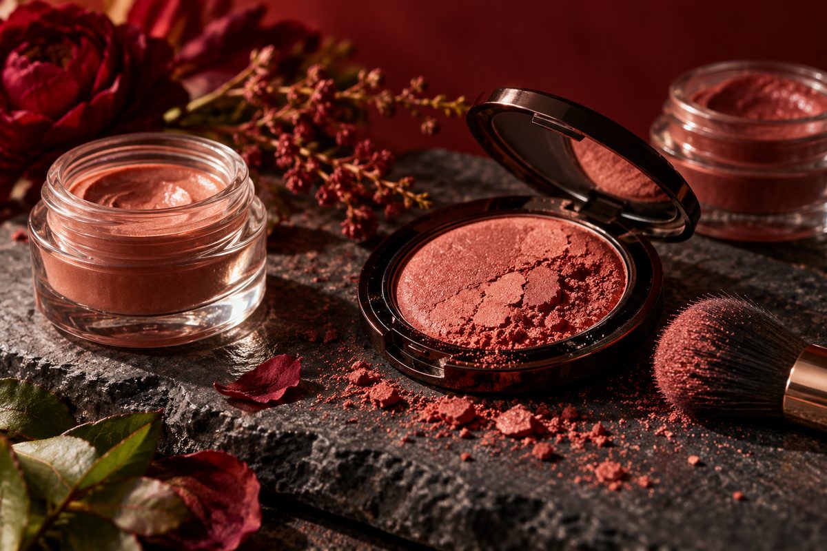 Pressed mineral blush powders and glass skincare containers on dark stone.