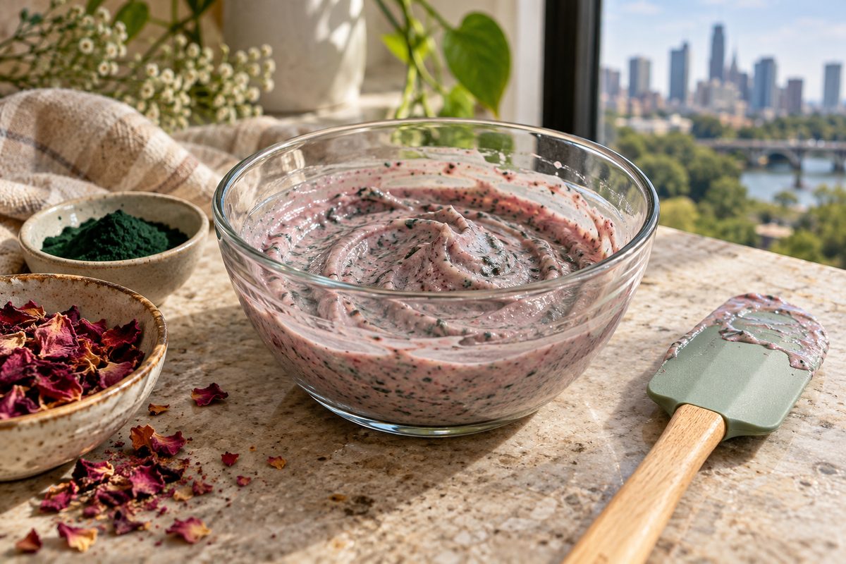 Glass bowl of freshly whipped botanical soothing mask.