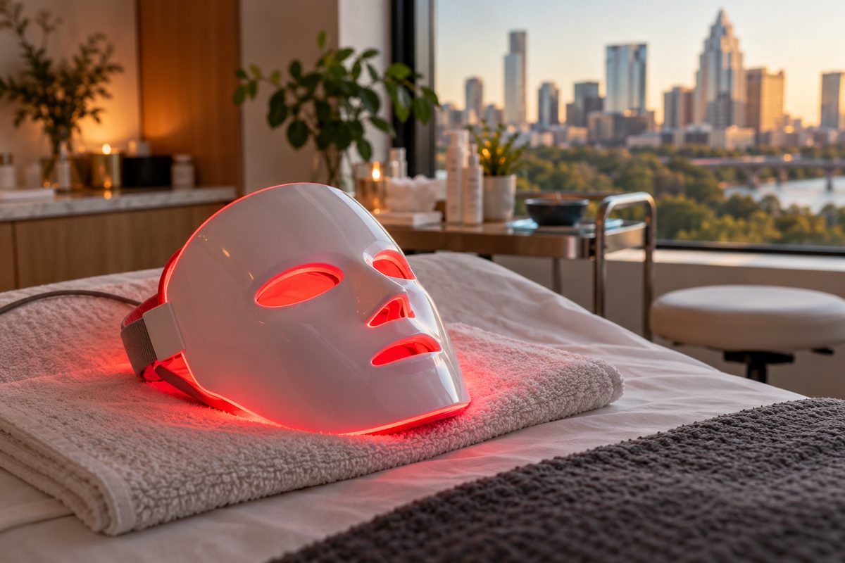 Professional LED light therapy facial mask on treatment bed.