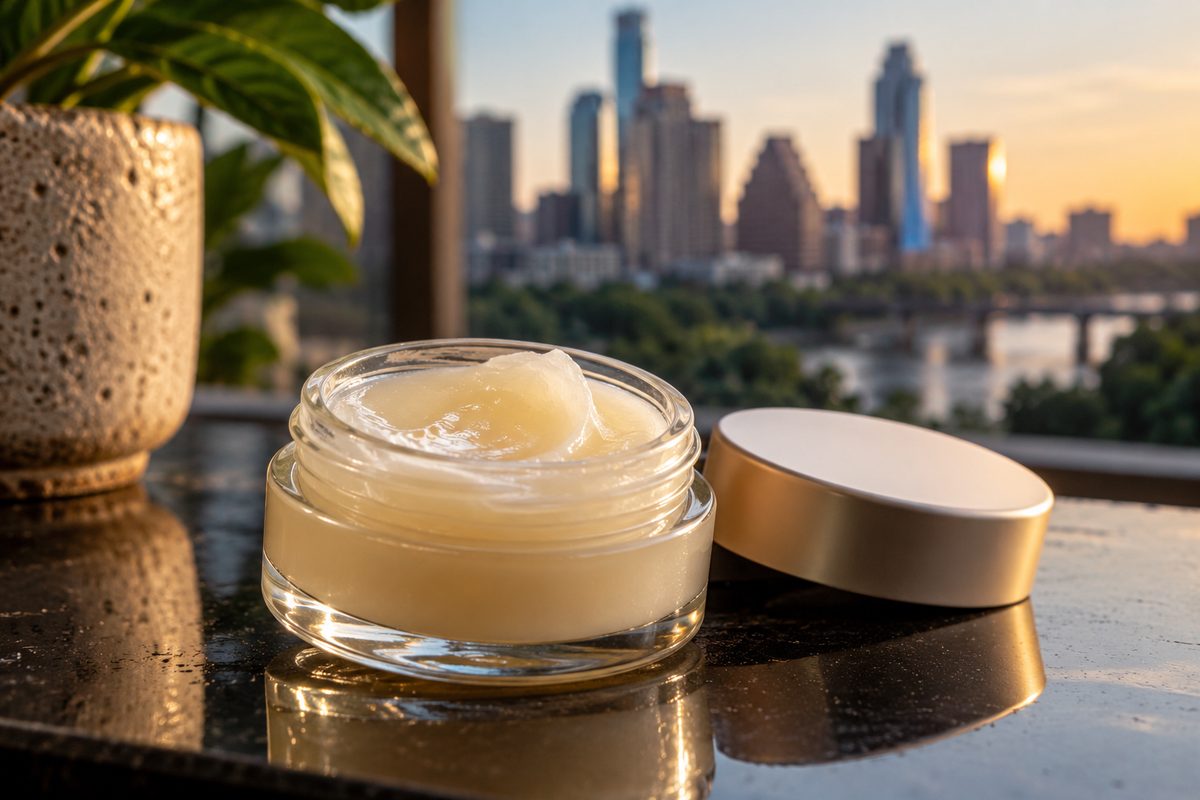 Smooth smear of hydrating ceramide lip barrier balm.
