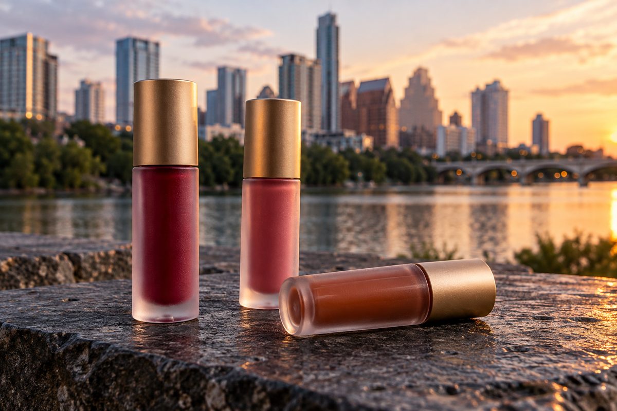 Frosted glass bottles of botanical liquid lip tints on dark stone.