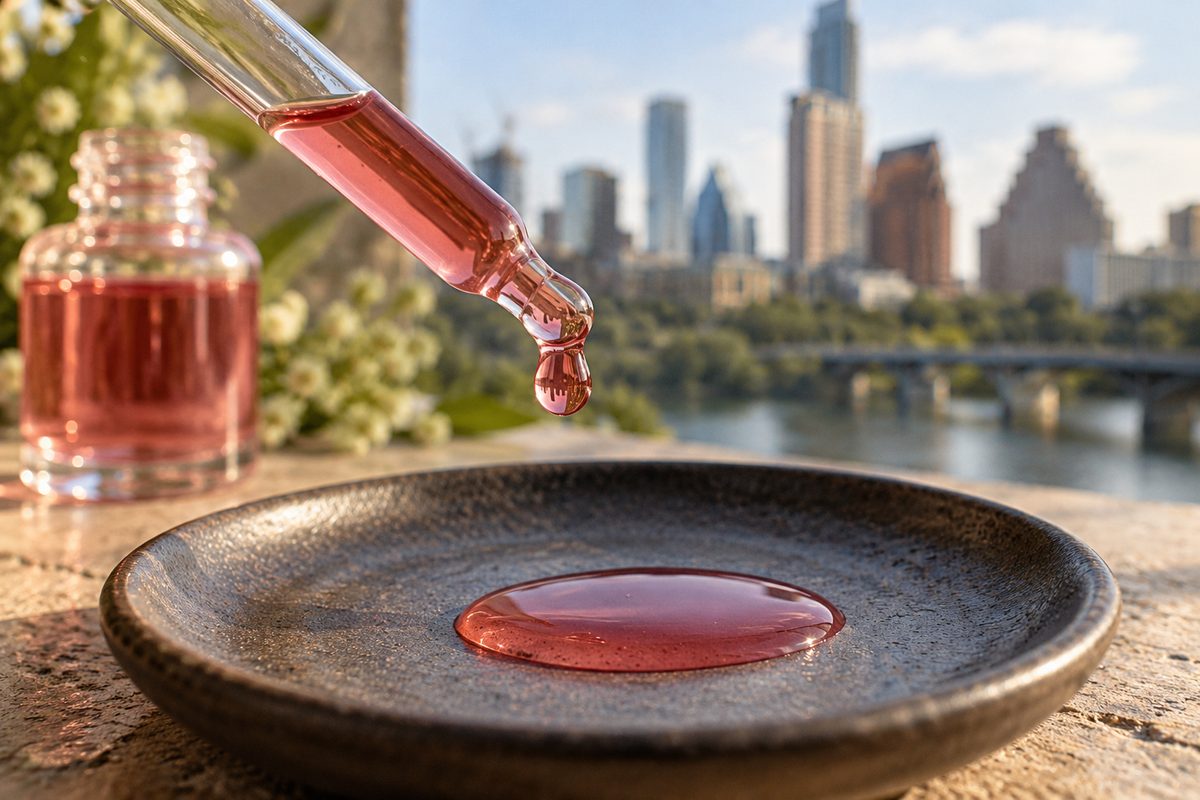Glass pipette with suspended sheer liquid blush droplet.