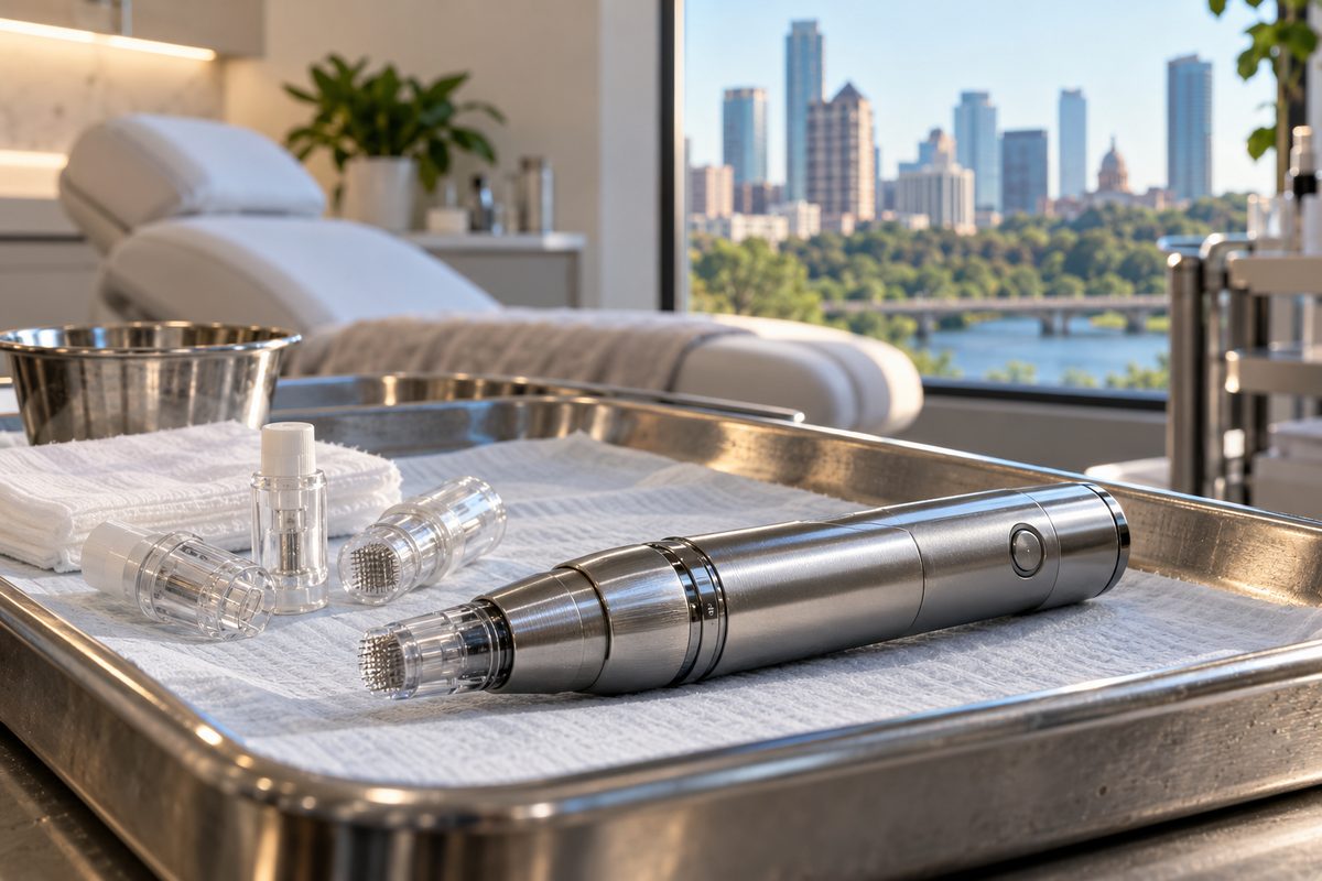 Stainless microchannel dermal conditioning instrument on tray.