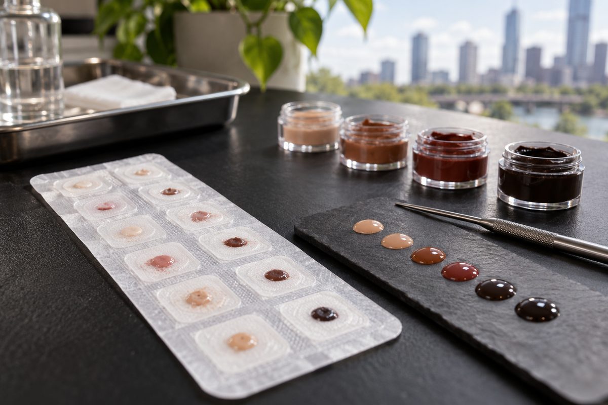 Hypoallergenic patch testing array on sterile studio surface.