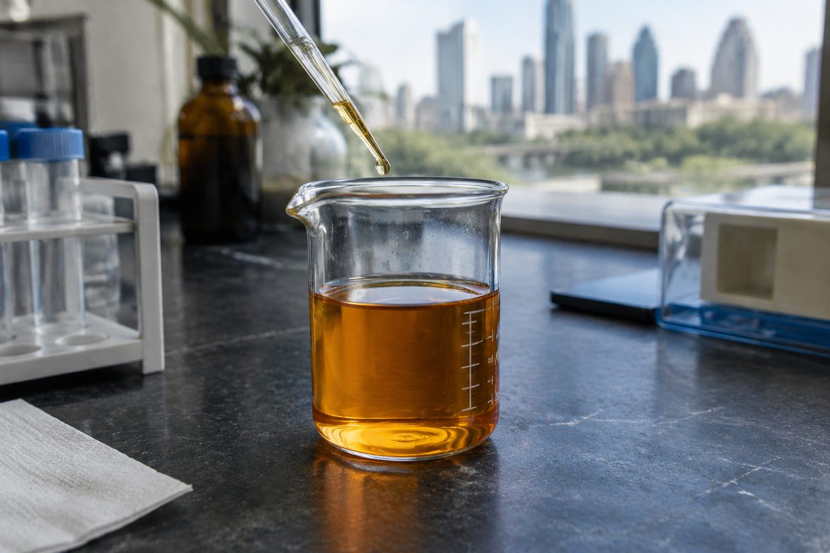 Lab beaker containing customized botanical peel solution.