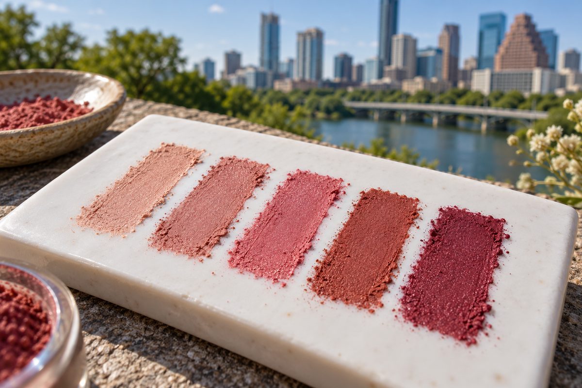 Five graduated mineral makeup swatches on porcelain testing tile.