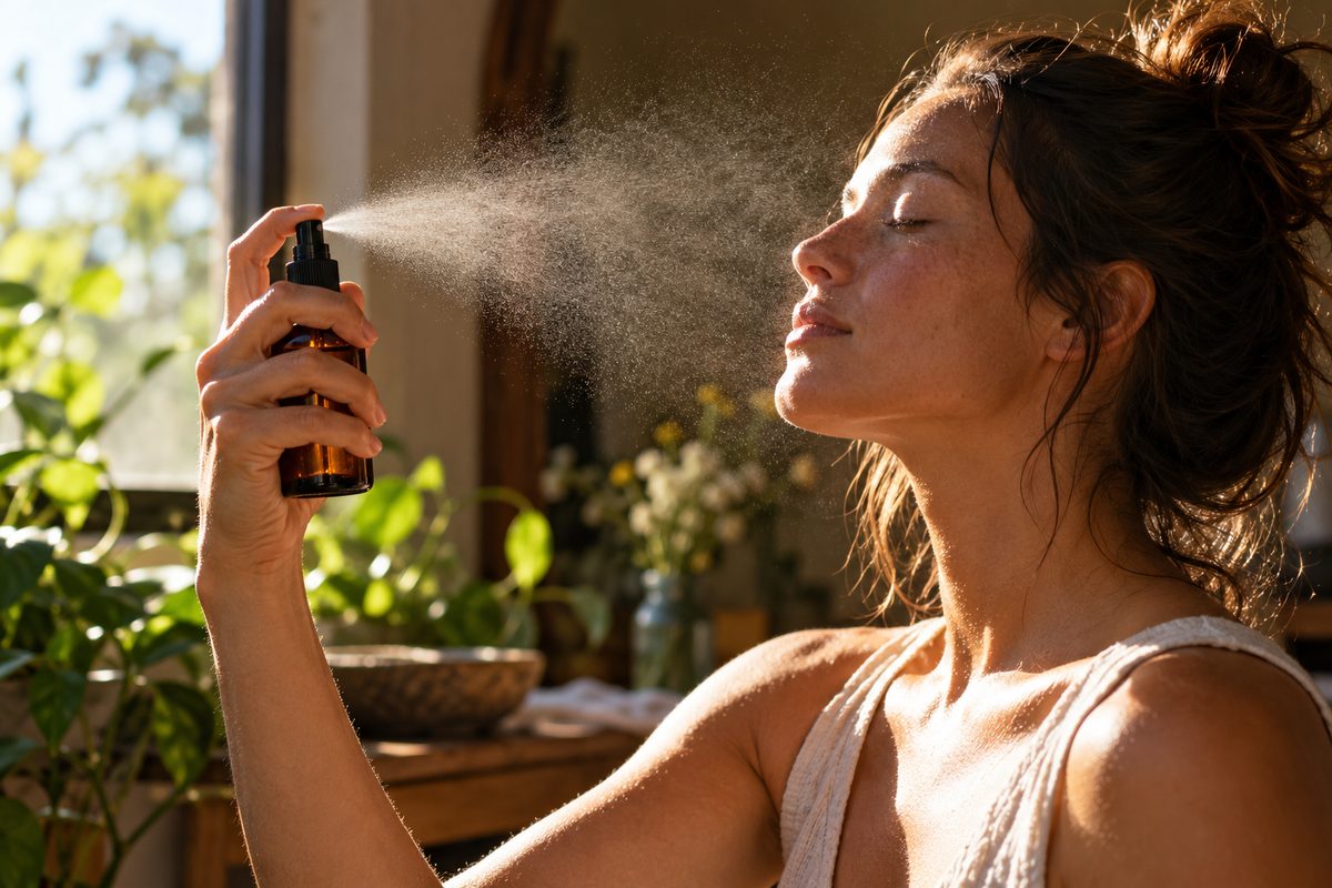 Fine botanical facial mist spraying into beam of studio light.