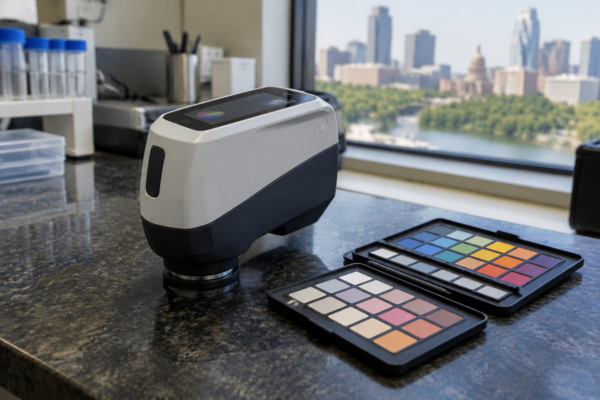 Calibrated spectrophotometer and chromatic undertone test swatches on studio work surface.