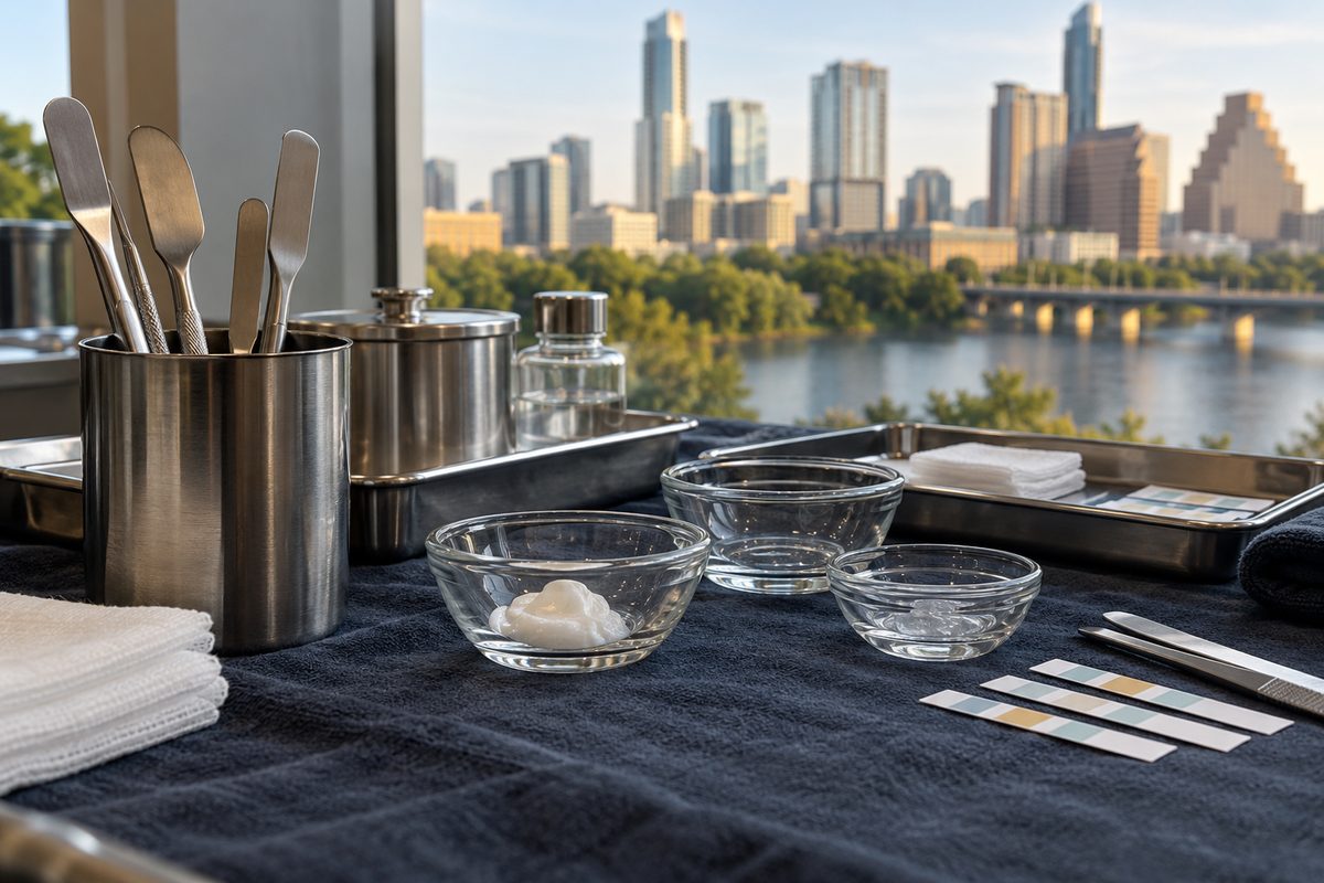 Sterile stainless cosmetic spatulas and glass dishes on dark cloth.