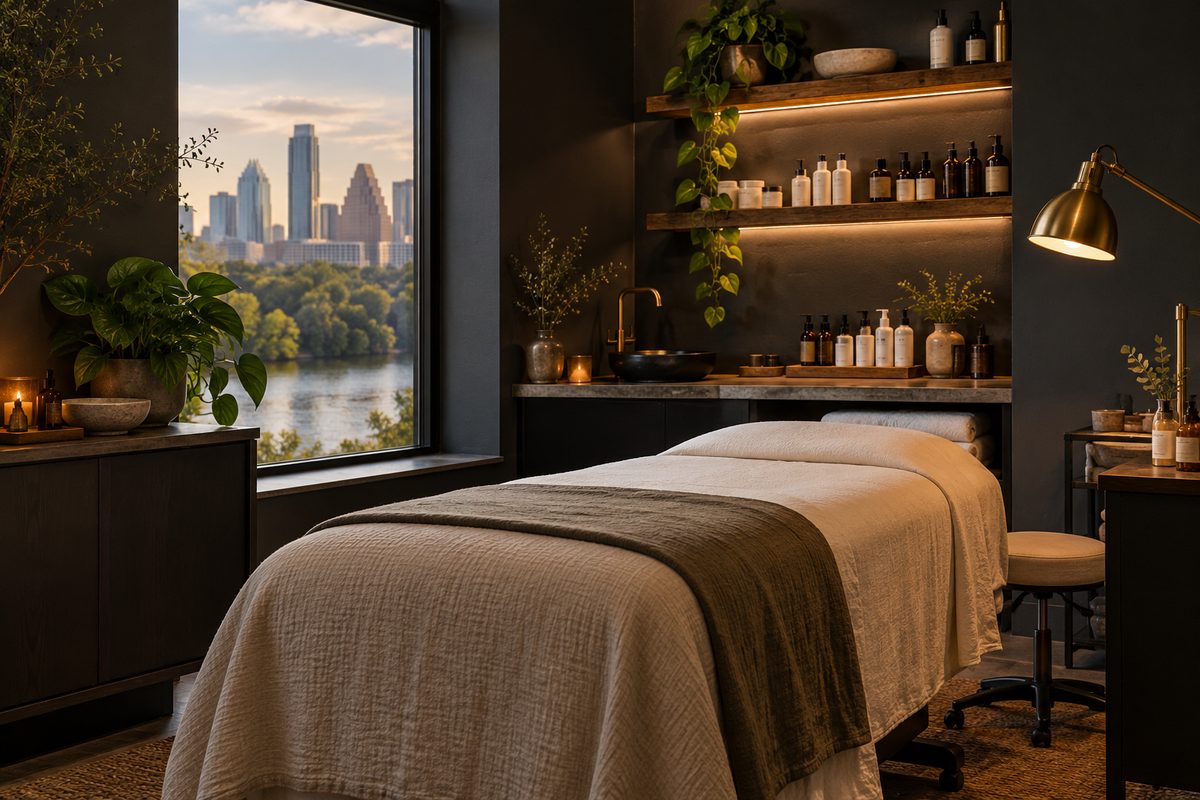 Minimalist private facial treatment room at Pure Blush Austin studio.