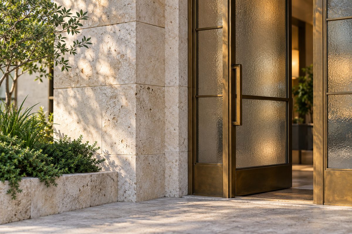 Limestone entrance portico and private glass reception doorway of the Austin studio.