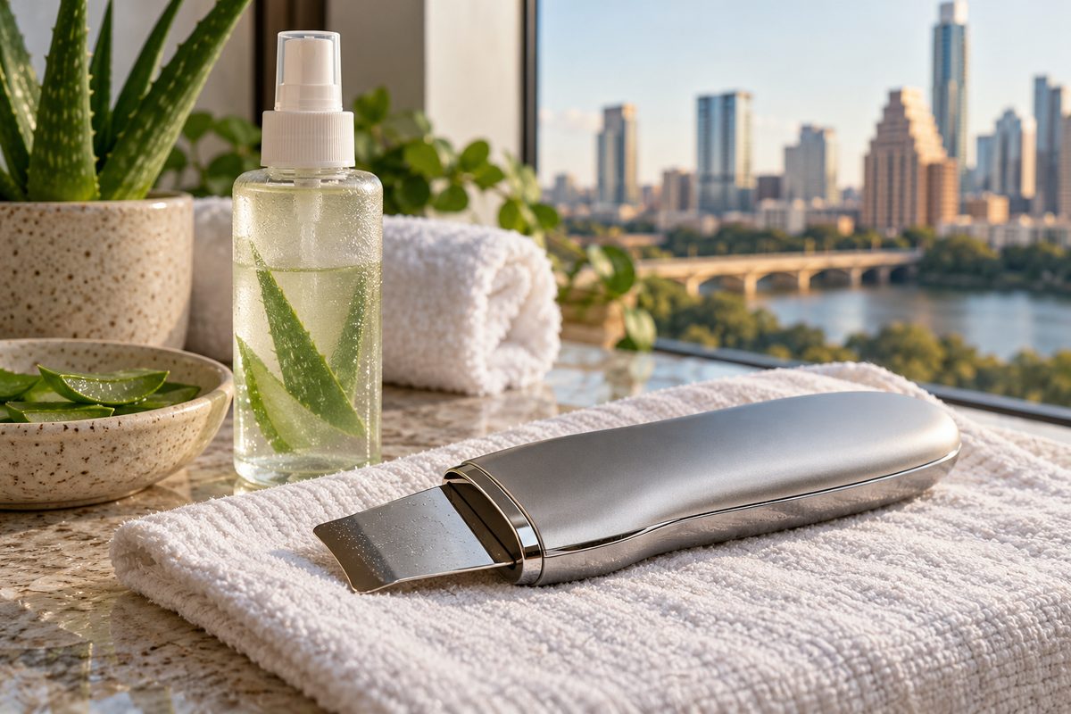 Ultrasonic skin scrubber spatula resting on clean treatment linen.